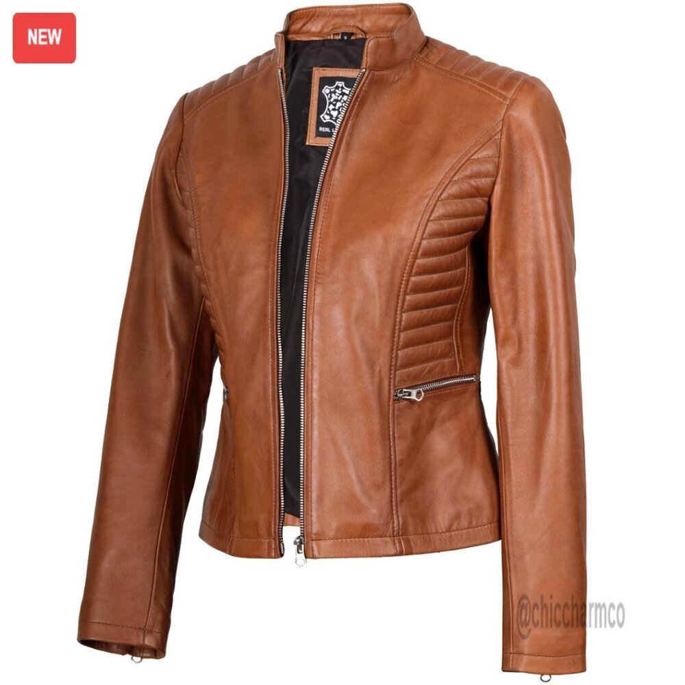 Lambskin Leather Jacket Women Casual Chic Classic Retro Quilted Shoulders